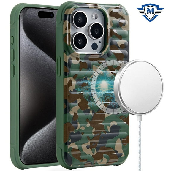 For Apple iPhone 15 Pro Max (6.7") Bright Chrome Lined Pattern [Magnetic Circle MagSafe Compatible] Hybrid Shockproof Protective Phone Case Cover by Xpression - Camo Leopard