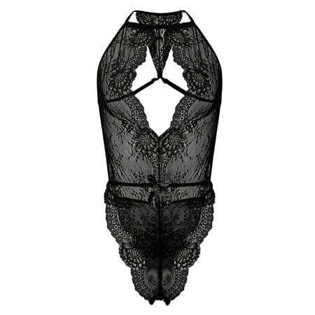 

Aoochasliy Deals Christmas Lingerie for Women Fashion Fishnets Lace Flowers Hollow Sexy Halter Neck See-through Mesh Jumpsuit