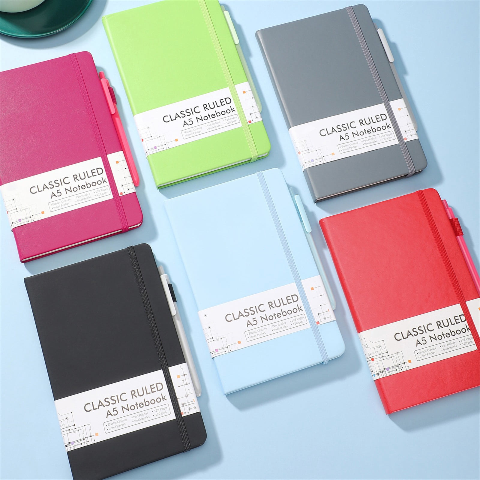 5Pcs Journal Notebook Bulk,Morandi Color A5 Notebook Hardcover Ruled Lined Journals with 5 Pens and Pen Holder for Travel,Office & Home Daily Use