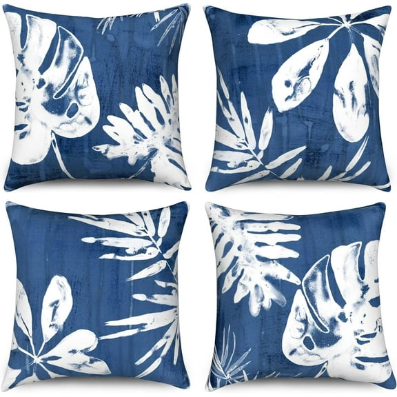 Navy Blue Tropical Leaves Pillow Covers 16x16 Set of 4, Monstera Eucalyptus Leaf Throw Pillow Covers Vintage Textured Pillowcase Neutral Palm Decorative Cushion Case for Home Outdoor Yard