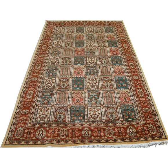 Tapis Rectangulaire à Blocs Floraux Bakhtiar Exclusif, Tapis en Laine et Soie Noué à la Main (8 x 5)'