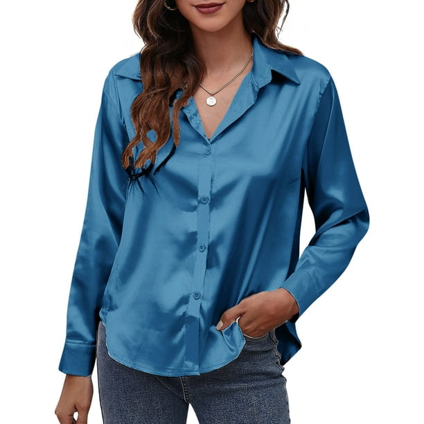 Camisa de satén sólido para mujer Camisas casuales con botones de manga larga Eccomum Azul/Medio