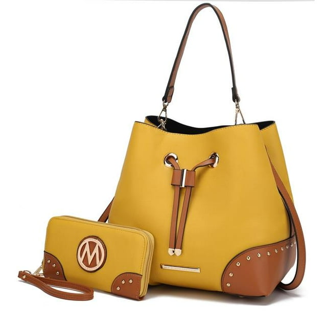 MKF Collection by Mia K. MKF-CB-X621-2MS-COG Bella Color Block Premium Bucket & Wallet, Mustard