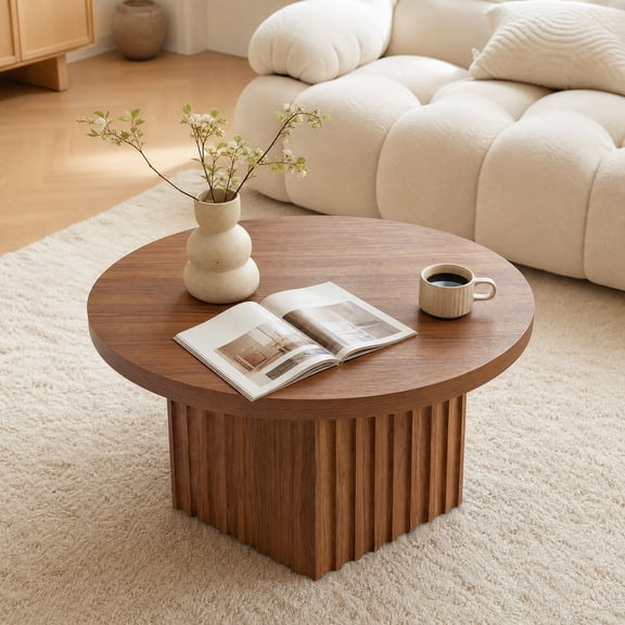 Round Fluted Coffee Table, Wooden Pedestal Coffee Table, Modern Circle Center Cocktail Table, Rustic Accent Table for Living Room, Bedroom - Brown