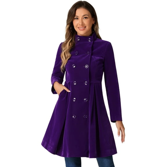 DARING DIVA Velvet A-Line Stand Collar Double Breasted Trench Coats XS Dark Purple