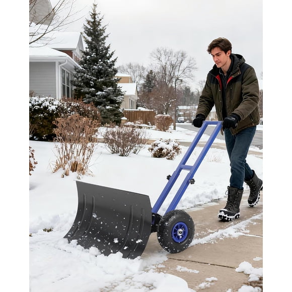 COZONY Heavy Duty Snow Shovel with Wheels, 29" W x 19" H Metal Blade, Angle & Height Adjustable Handle, Wheeled Snow Pusher for Driveway, Sidewalk, Yard, Black shovel plate + blue pole + blue rim