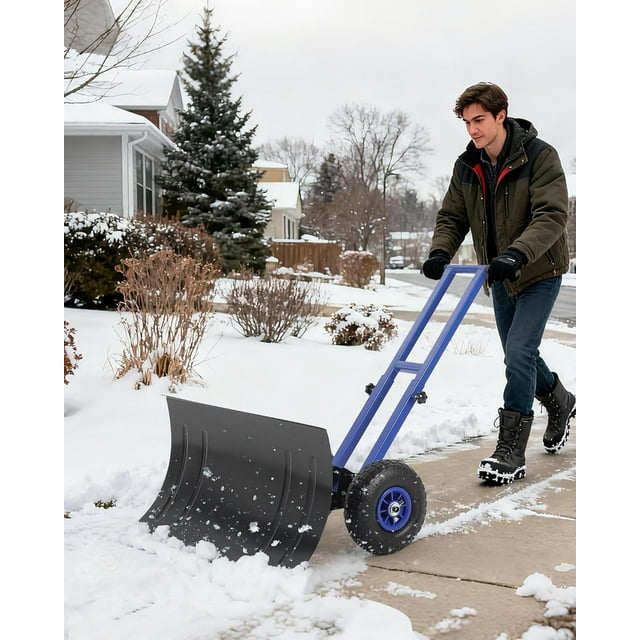 COZONY Pelle à Neige Robuste avec Roues, Lame en Métal 29 Pouces L x 19 Pouces H, Manche à Angle et Hauteur Réglables, Pousse-Neige à Roues pour Entrée, Trottoir, Cour, Plaque de Pelle Noire + Poteau Bleu + Rebord Bleu