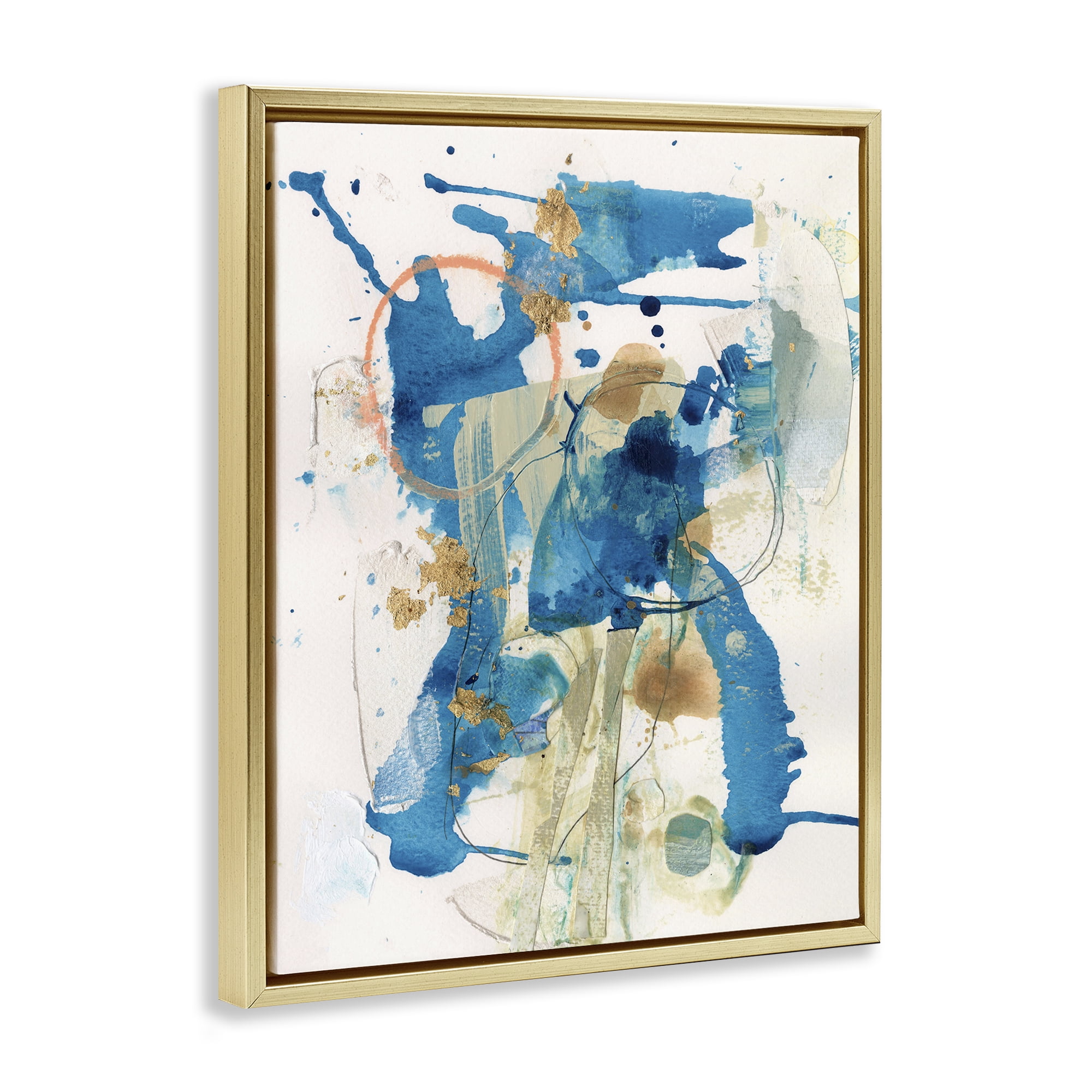 Stupell Industries Blue Chaotic Splash Abstract Painting Gold Floater Framed Canvas Art Print Wall Art, 25 x 31