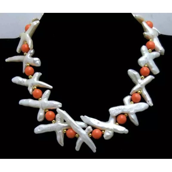 EOEMY 30*60mm Cross Nuclear Natural White Pearl Necklace For Women & Pink Coral 17''