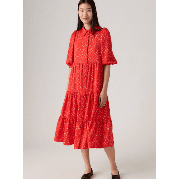 Levi's Women's Red Cynthia Puff-Sleeve Tiered Midi Dress, Medium