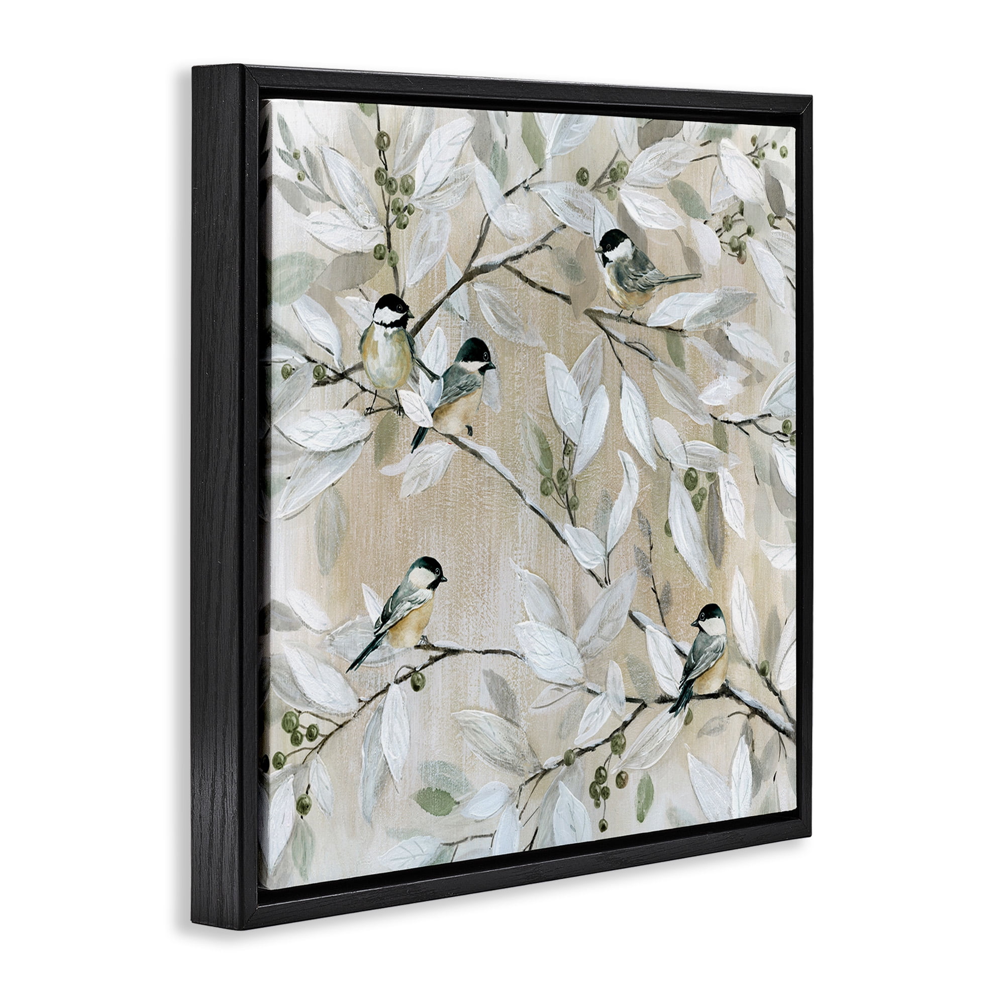 Stupell Industries Chickadee Birds on Branches Botanical & Floral Painting Black Floater Framed Canvas Art Print Wall Art, 18 x 18