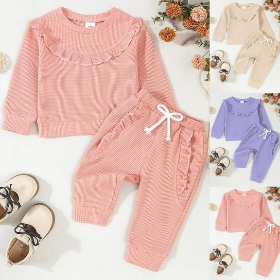 HaiMao Baby Girl Fall Winter Clothes Sets Ruffle Solid Long Sleeve Shirt Pants Infant Toddler Outfits for Girls Purple 12 Months(90)