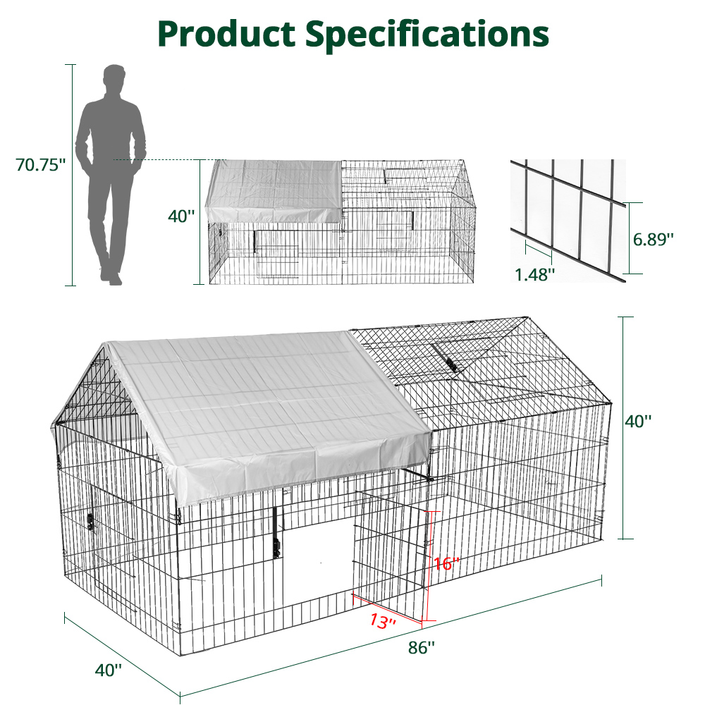 PawGiant 86''x40''Chicken Coop Large Metal Chicken Cage House Waterproof - image 3 of 11