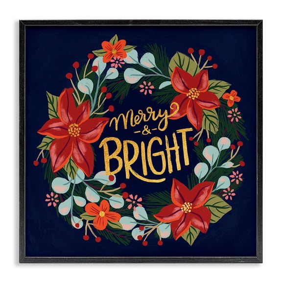 Stupell Industries French Country Merry And Bright Calligraphy Floral Poinsettia Wreath Black Framed Giclee Art, 12 x 12, by Deborah Curiel