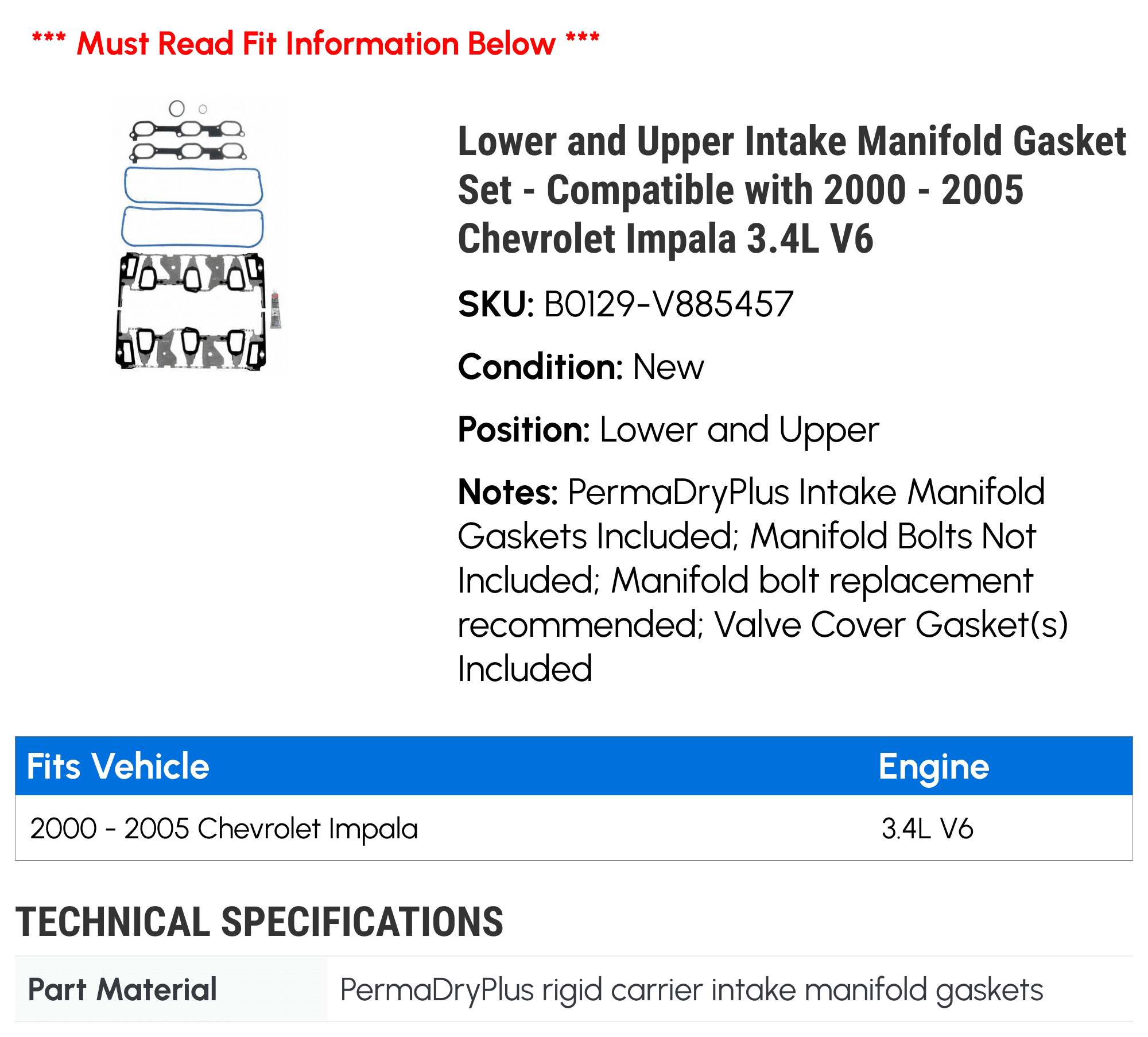 Lower and Upper Intake Manifold Gasket Set - Compatible with 2000 - 2005 Chevy Impala 3.4L V6 2001 2002 2003 2004