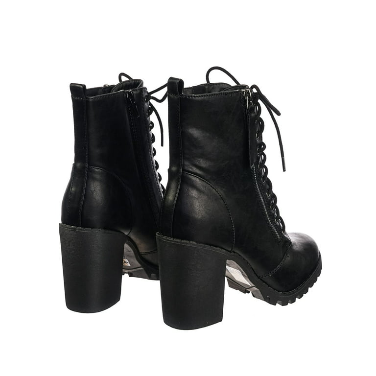 Malia Black Soda Riding Booties Women Chunky High Heel Combat Ankle Boots  Army Military 