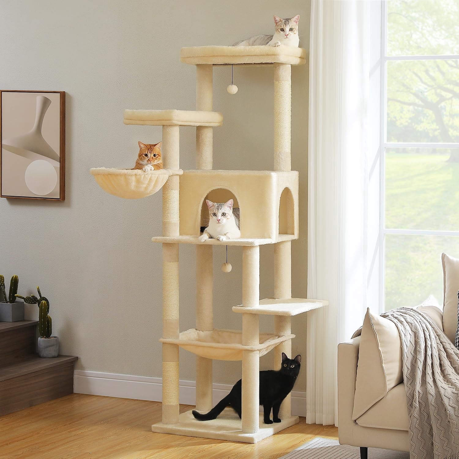 Large Cat Tree, 73 Inches Tall Cat Tower with 1 Large Padded Perch,2 Spacious Hammocks,8 Long Scratching Posts, XL Plush Cat Condo for Indoor Adult Cats,Beige