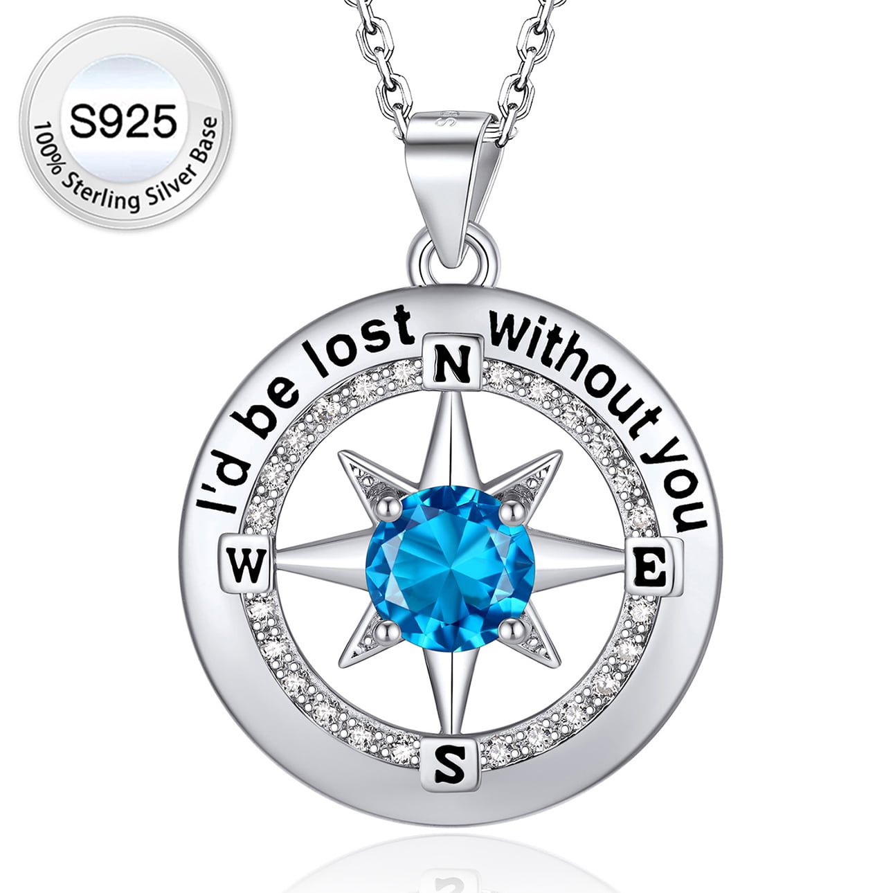 Bestyle Compass Birthstone Necklace for Women Blue Topaz Pure 925 Sterling Silver Pendant Necklace Mother's Day Birthday Gifts for Mom Wife Girlfriend, December