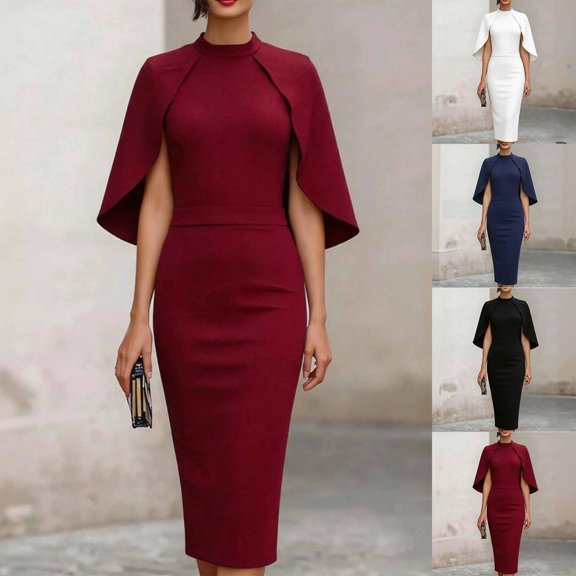 Womens Crew Neck Cape Sleeve Solid Color Slim Package Hip Dress Nightclub Dress Wine XL(XL)