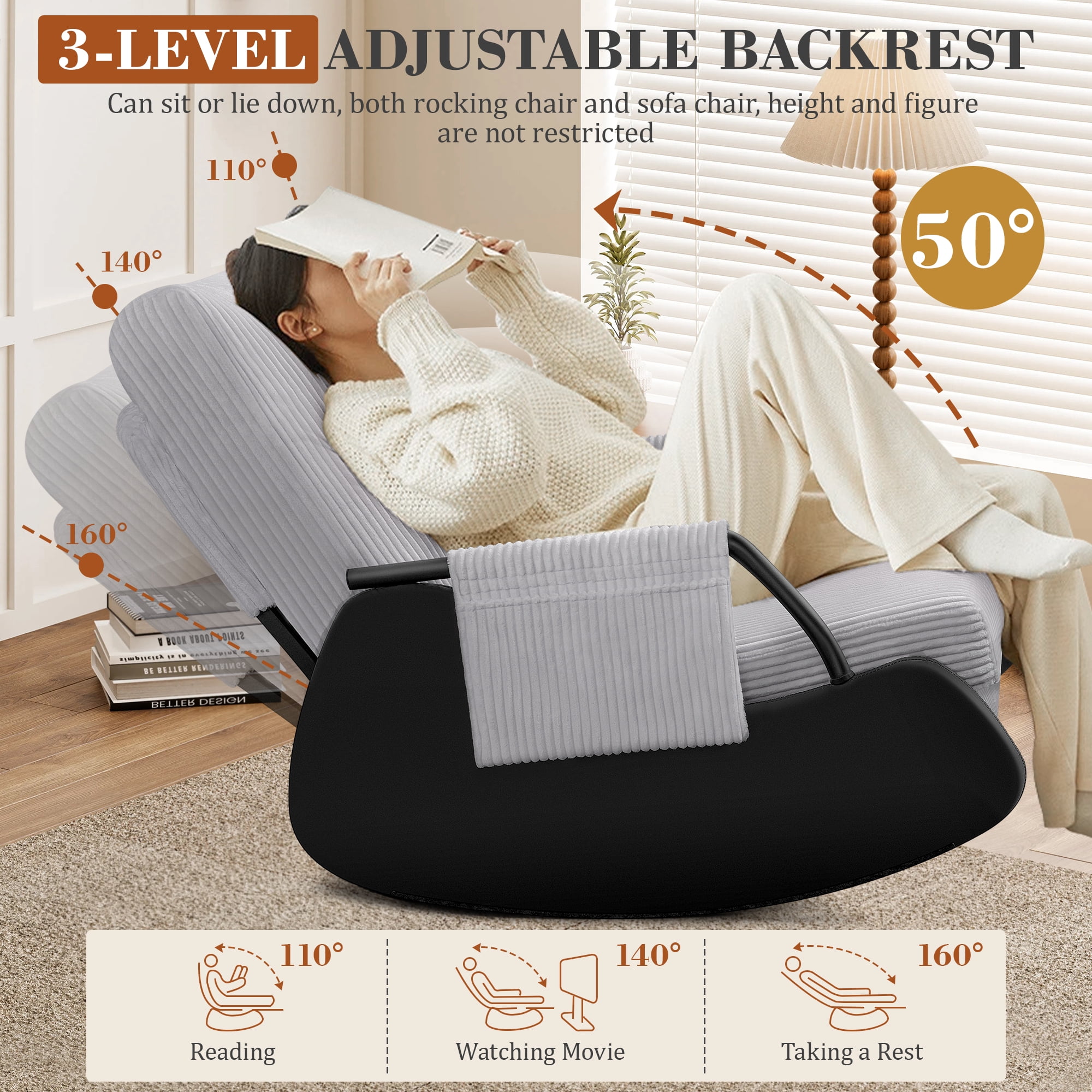 Primy Nursery Rocking Chair, Low-Seat Glider Chair, Upholstered Rocking Accent Chair Recliner with Side Pocket and Foot Rest for Mom Nursery Living Room Bedroom