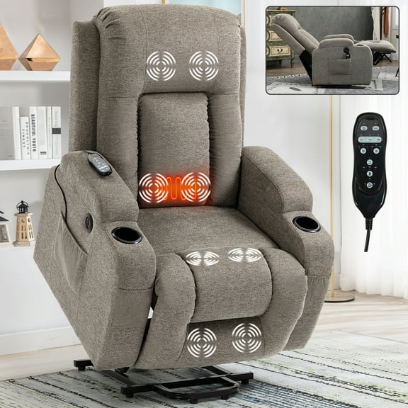Brown Power Lift Recliner For Elderly With 8 Vibration, Lumbar Heat & Feature Heavy Duty Chair Elderly, Lift, Vibration