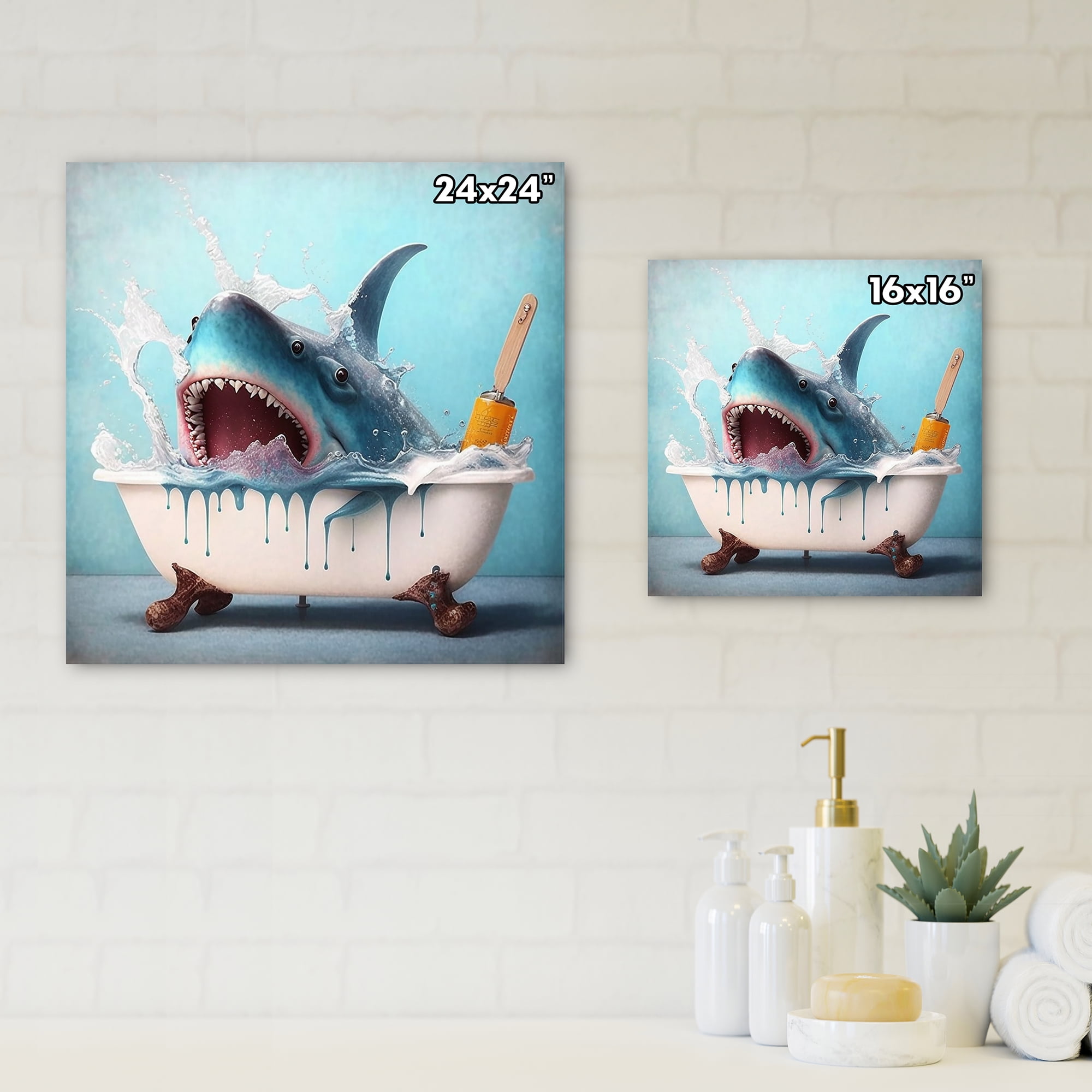 Designart Funny Shark In A Tub II Canvas Wall Art