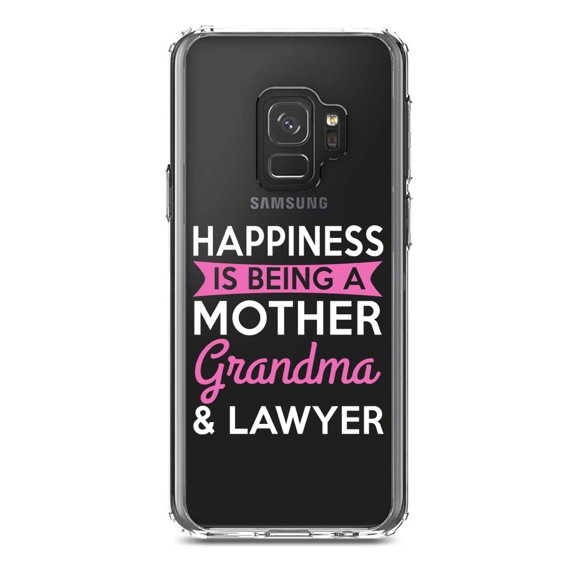 DistinctInk Clear Shockproof Hybrid Case for Samsung Galaxy S9 (5.8" Screen) - TPU Bumper Acrylic Back Tempered Glass Screen Protector - Happiness is Being a Mother Grandma Lawyer