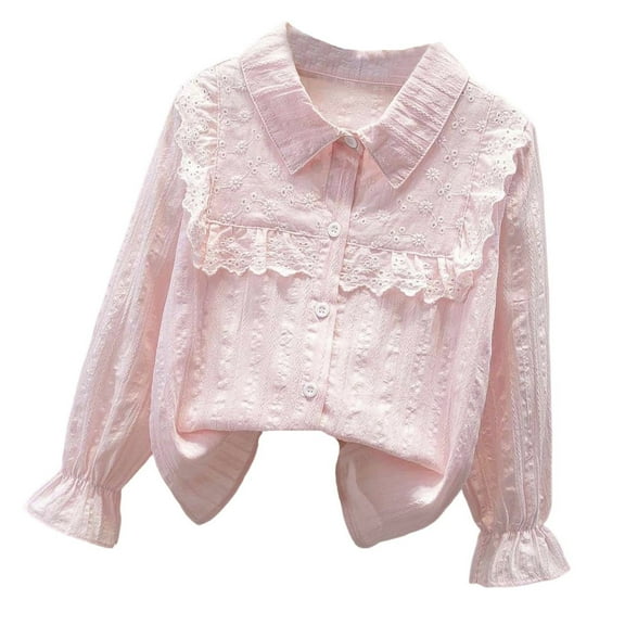 Xijirk Girls Shirts,Long Sleeve Lace Trim Blouse Loose Fit Soft Cotton Casual Top With Floral Embroidery for Daily School Wear,Boys Shirts,Light Pink1,9-10 Years