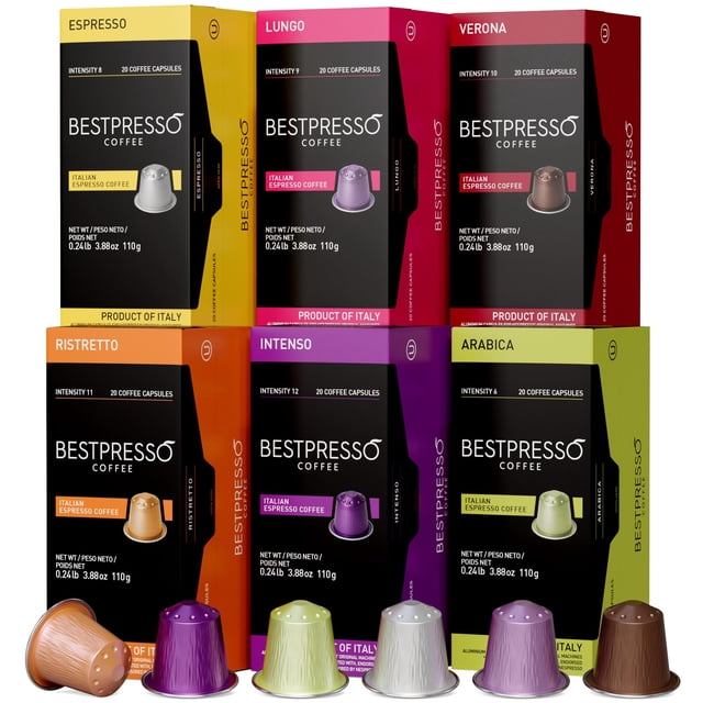 bestpresso coffee for nespresso originalline machine 120 pods certified genuine espresso variety pack, pods compatible with nespresso originalline Studio view of six Bestpresso boxes (Espresso, Lungo, Verona, Ristretto, Intenso, Arabica) arranged in two rows with matching colored cápsulas displayed in front; packaging shows 20 capsules per box (120 total), intensity levels, kosher certification and 'Product of Italy' text, suitable for Nespresso OriginalLine machines and often used to sample multiple roast profiles.
