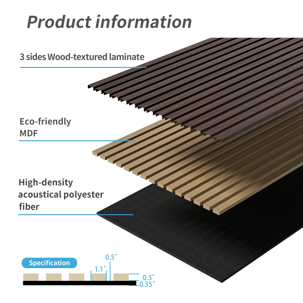 2PC 3D Fluted Wood Slat Acoustic Panels 45.27''X23.62'' Dark Walnut Sound Absorbing Panels for Wall & Ceiling Three Sides Fully Wrapped