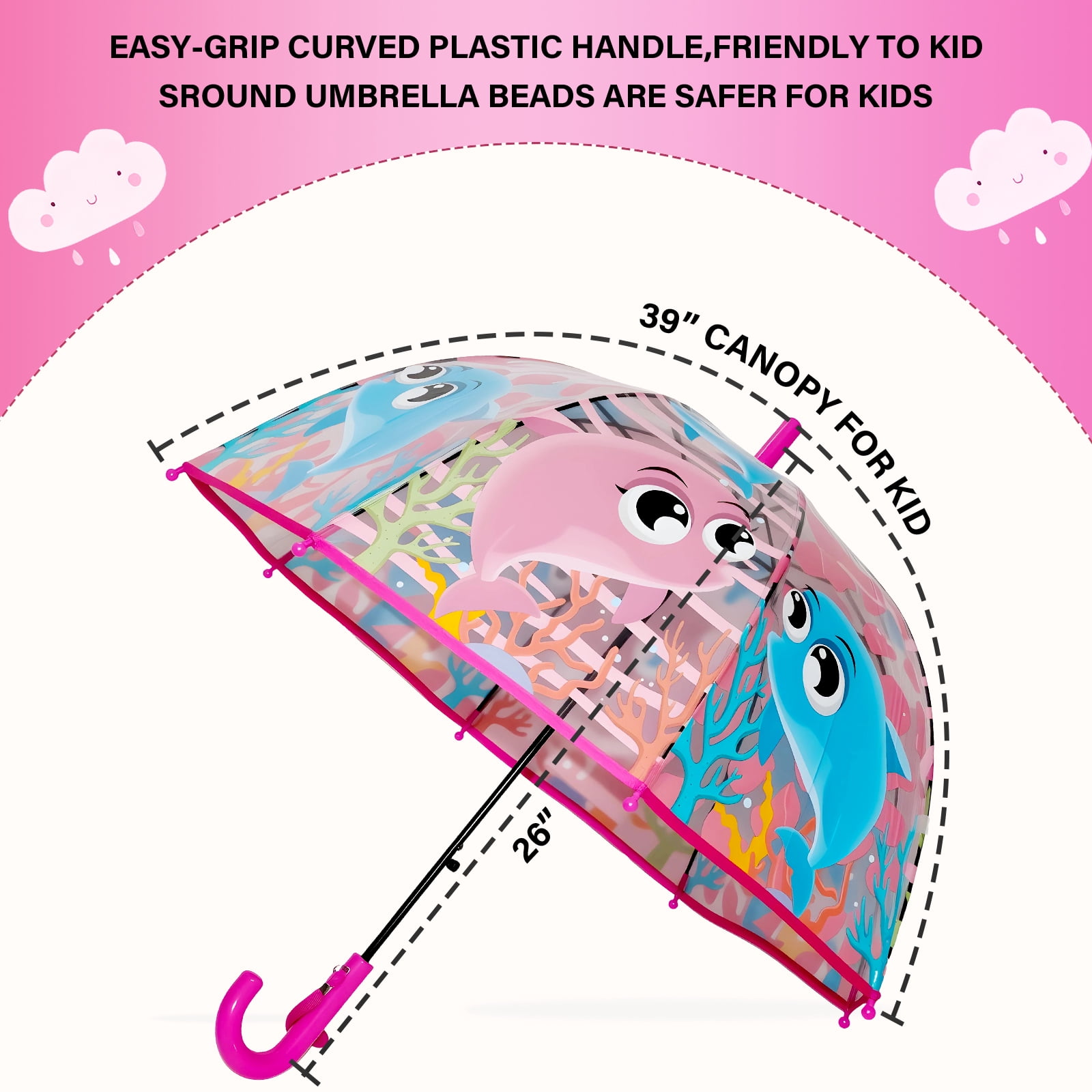 2 Pcs Kids Clear Bubble Umbrella, Unicorn Pattern with Easy Grip Curved Handle, Safe Transparent Umbrella for Toddler Girls