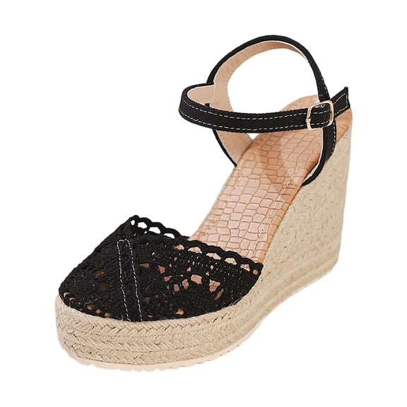 Rokment Womens Bohemian Crochet Espadrilles Wedges Sandals Boho Beach Fashion Casual Woven Braided Closed Toe Platform Chunky High Heel Dress Sandals for Bride Wedding Summer Vacation Black Size6