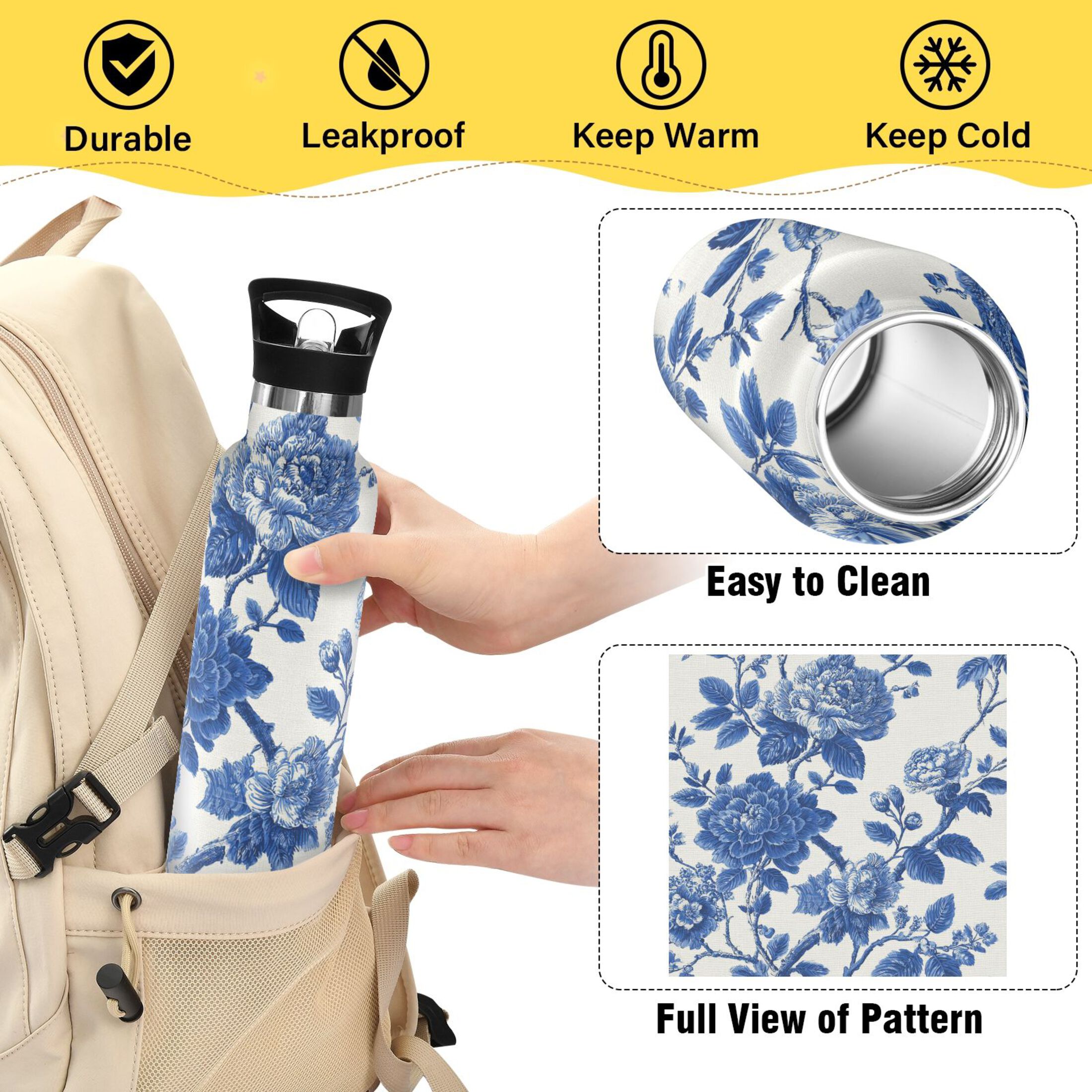 Kids Insulated Stainless Steel Sports Water Bottle 600ml (20oz) Blue Floral