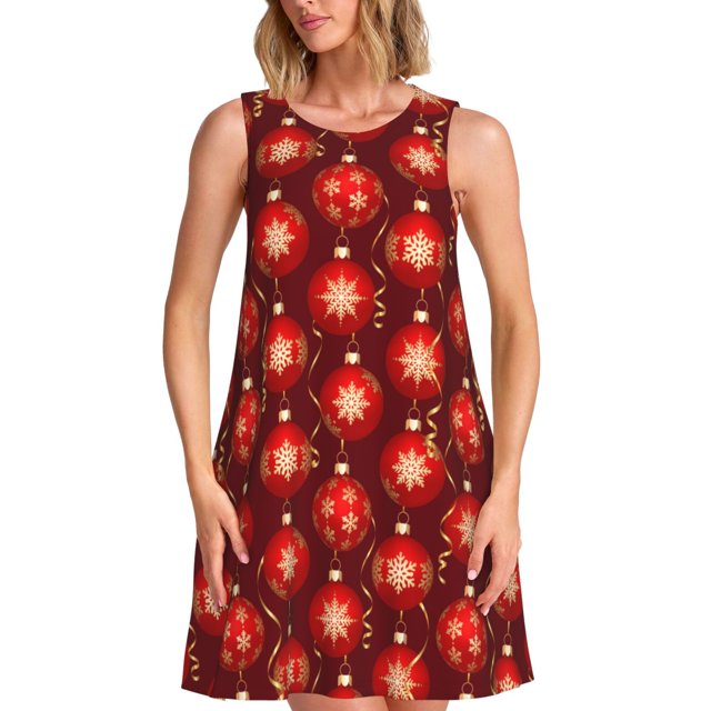 Easygdp Christmas Red Balls para Vestido Transpirable de Mujer, Vestido Suelto de Manga Corta con Pliegues y Bolsillos para el Verano