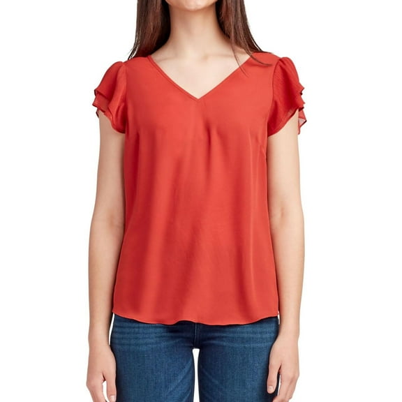BCX Womens Tiered-Flutter-Sleeve Pullover Blouse, Orange, Juniors, Small