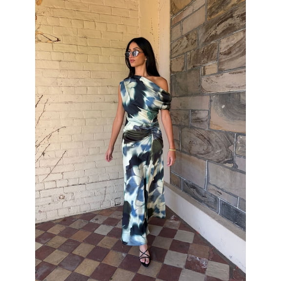 2026 New Fashionable Ins-Style Women's Abstract Print One-Shoulder Maxi Dress, Satin Twisted Waist Formal Dress