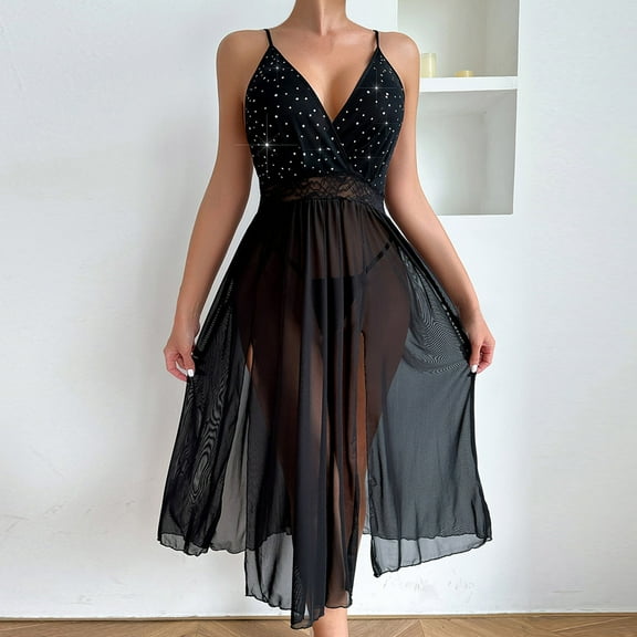 LYEAA Long Nightgowns for Women Sleeveless Mesh Sheer Cozy Summer Sling Night Gowns Chemise Solid V Neck Loose Casual Soft Pajamas Sleepwear Loungewear Fashion Elegant Women's Nightdress Black S