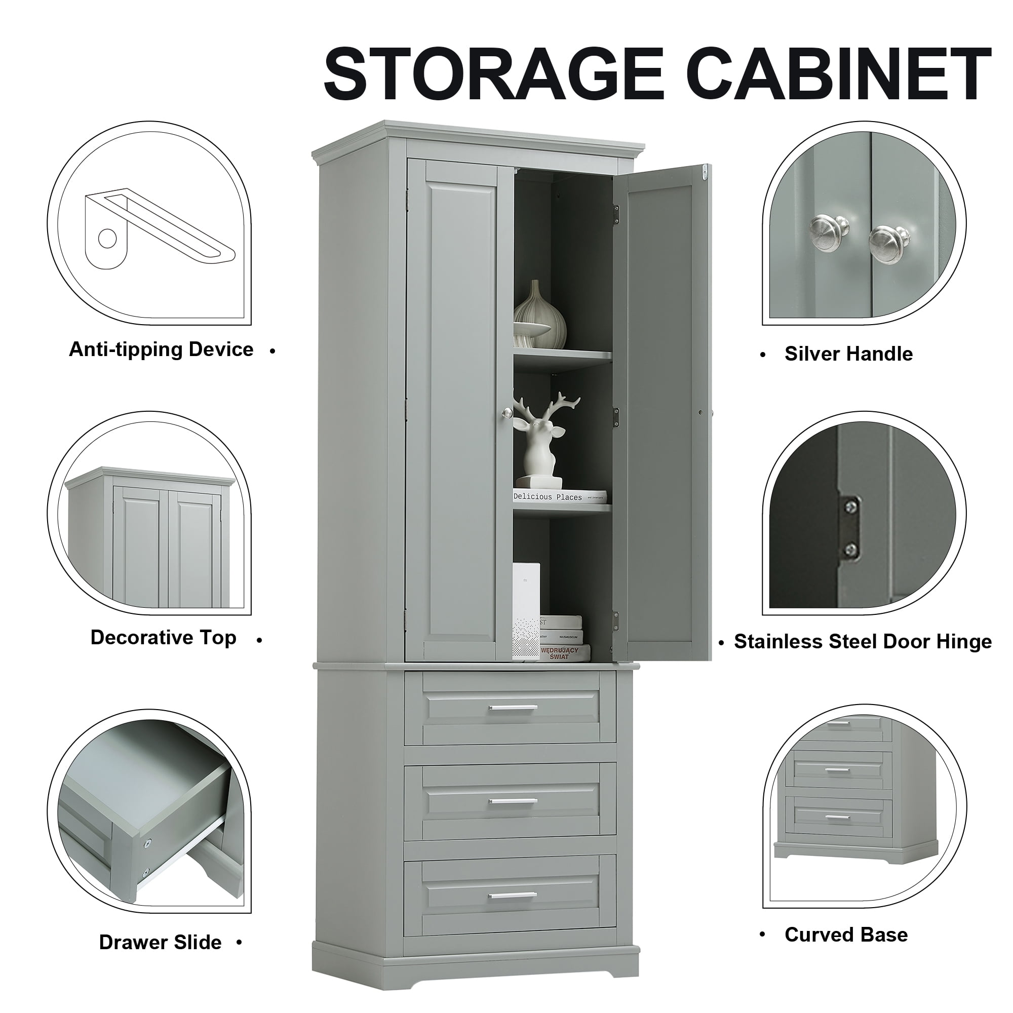 Harper & Bright Designs Tall Bathroom Storage Cabinet with Drawers and Doors, Modern Bathroom Floor Storage Cabinet with Shelf, Gray