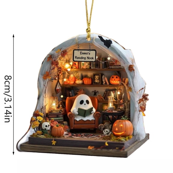 Ghost Reading Scene Hanging Ornament with Halloween Theme for Door and Wall Decor with Playful Holiday Enhancement