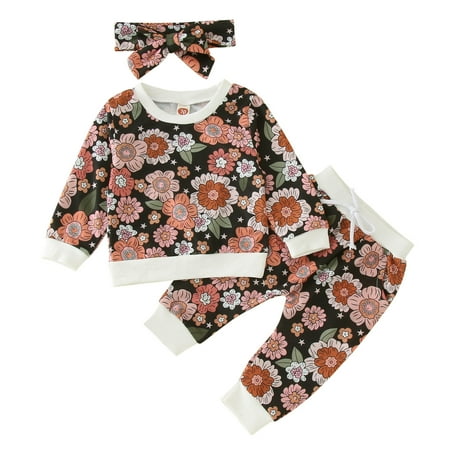 

Baby Girls Outfits Autumn Long Sleeve Flower Printed Tops Pants Trousers With Headband 3PCS Newborn Kids Children Spring Summer Casual Cute Cartoon Fashion Outwear Streetwear Sets