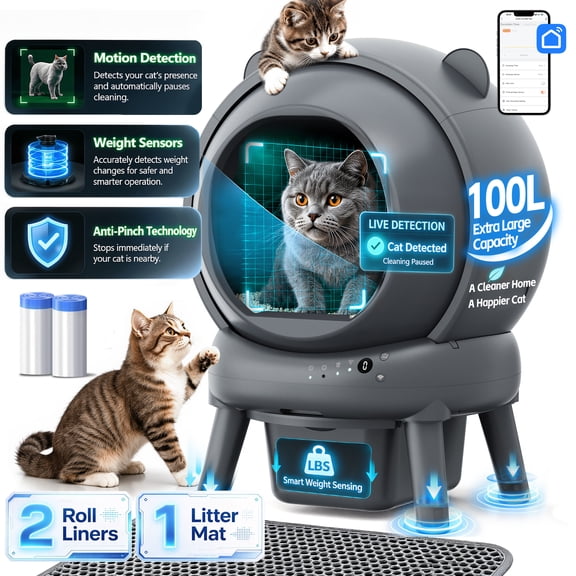 Quiet Self Cleaning Litter Box for Multiple Cats, 100L 15L Automatic Cat Litter Box with Odor Elimination & Safety Protection, App Control, Includes Mat & Bags