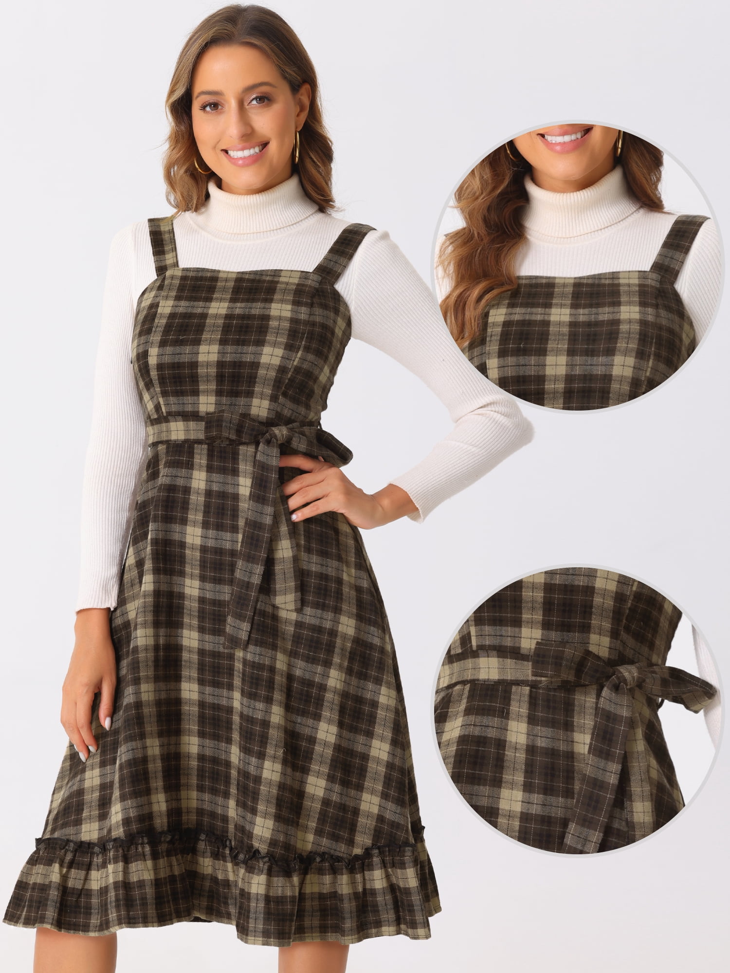 DARING DIVA Women's Ruffled Sleeveless Tie Waist A Line Plaid Dress L Khaki Brown