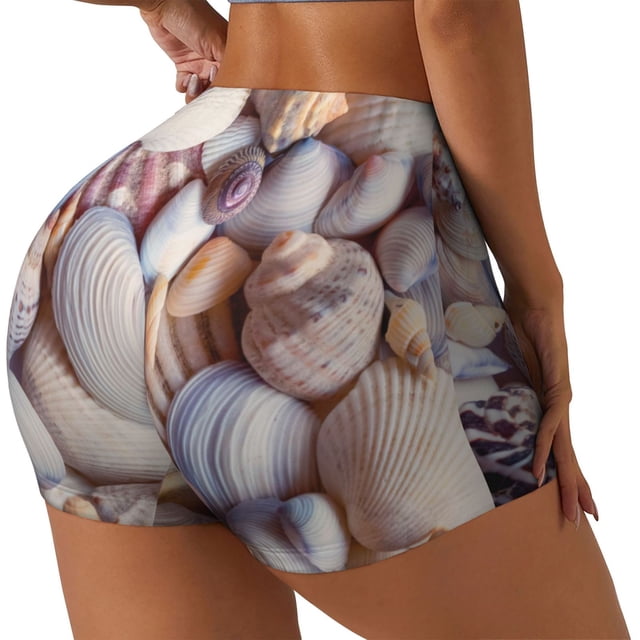 Fotbe Sea Shells Shorts Sin Costuras – Shorts Deportivos de Cintura Alta para Mujer, Elásticos para Gimnasio, Yoga, Running o Ciclismo-X-Large