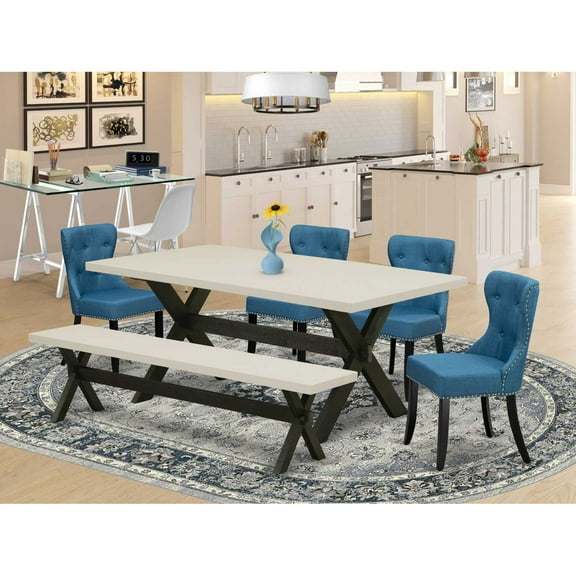 East West Furniture X-Style 6-piece Wood Dining Table Set in White/Black