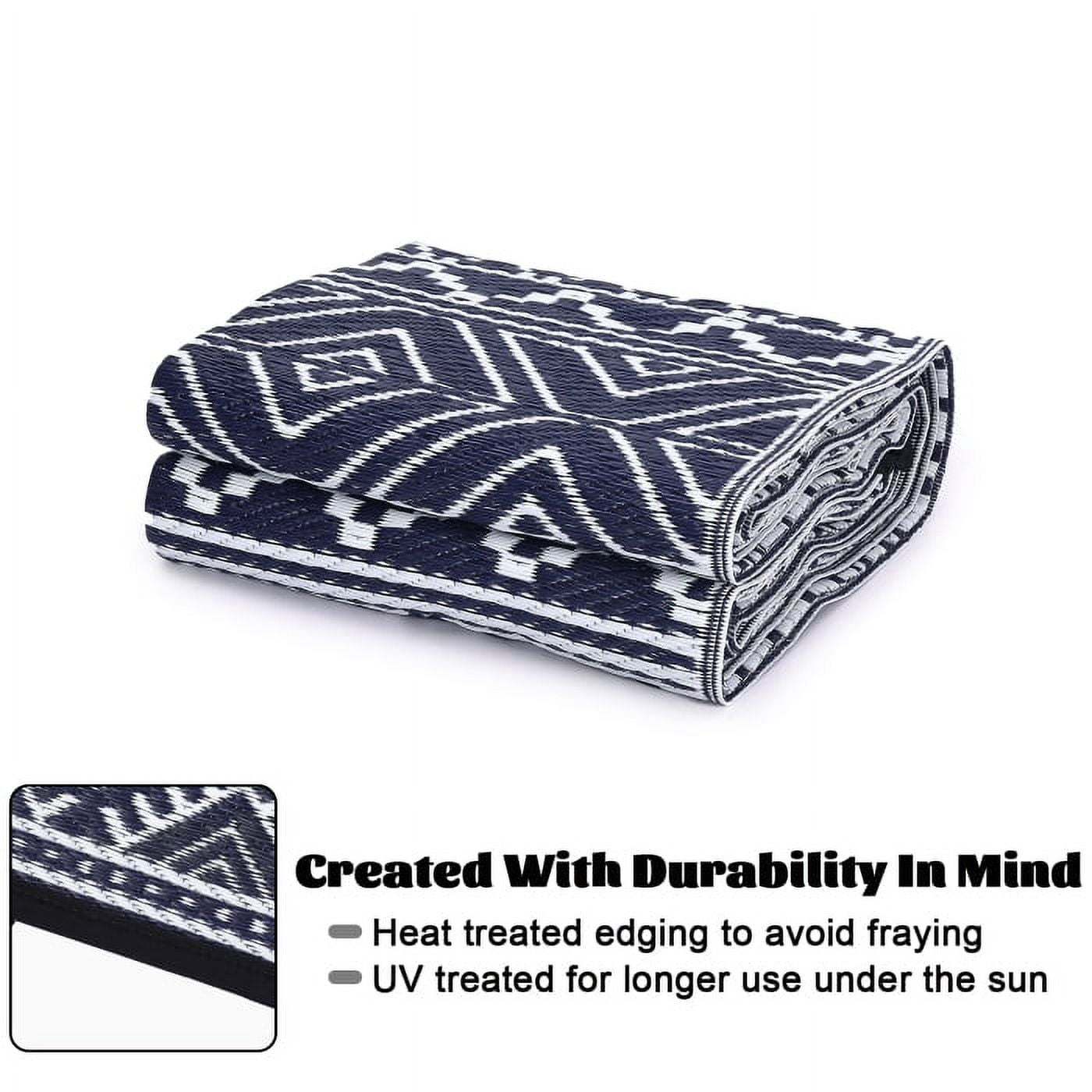 GlowSol 9' x 12' Outdoor Rug Plastic Patio Rug Woven Plastic Straw Waterproof Rug Boho Reversible Camper Rug for RV Backyard Deck Picnic Beach, Black Blue