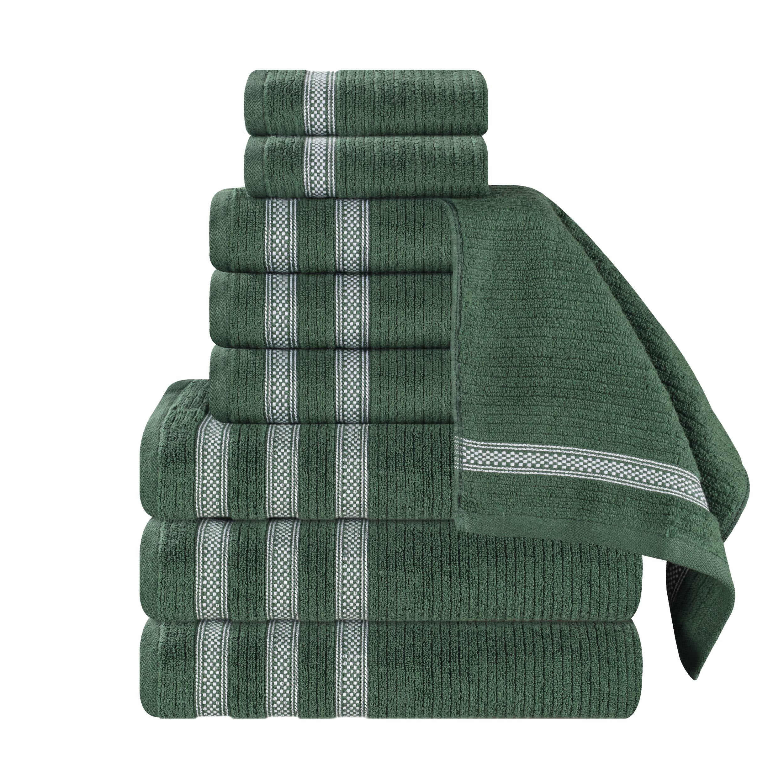 Superior Zero Twist Cotton Ribbed Geometric 9-Piece Towel Set, Ultra Soft Quick Dry, Forest Green