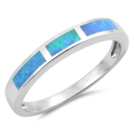 Blue Opal Wedding Set - CHOOSE YOUR COLOR Blue Simulated Opal Rectangle Men's Wedding Ring .925 Sterling Silver Band