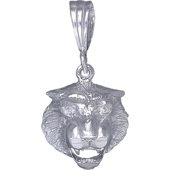 Sterling Silver Tiger Head Charm Pendant Necklace with Diamond Cut Finish and 24 Inch Figaro Chain