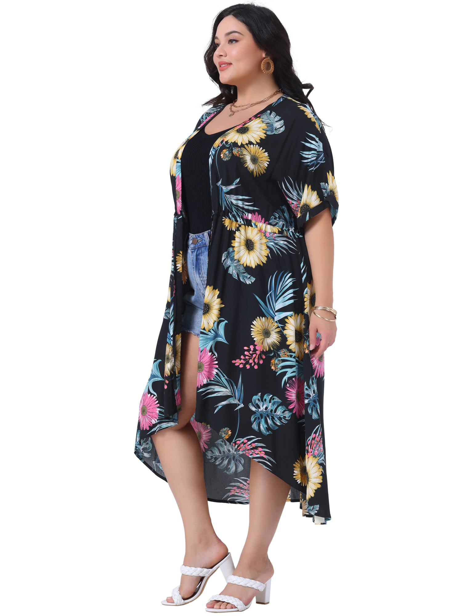 DARING DIVA Women Plus Size Floral Kimono Tie Front Cover Up 2X Black