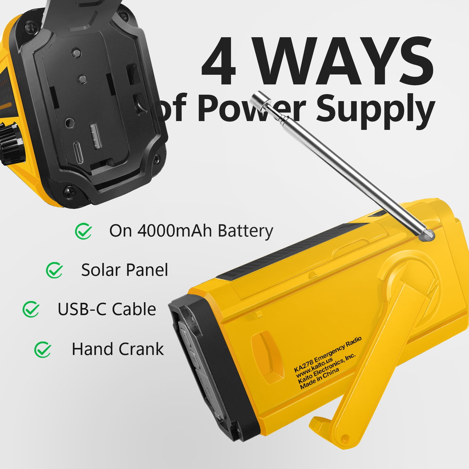 Kaito KA278 Emergency AM/FM NOAA Radio Solar Crank, Yellow